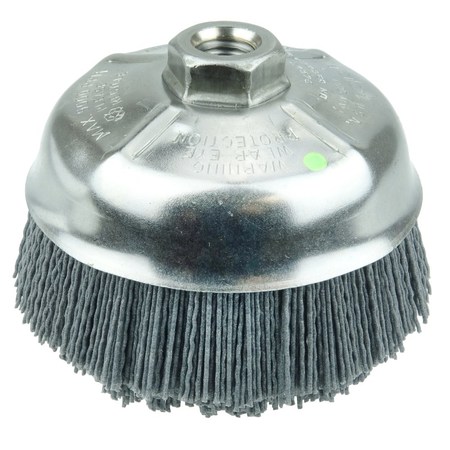 WEILER 5" Nylox Cup Brush .040/120SC Crimped Fill 5/8"-11 UNC Nut 14576